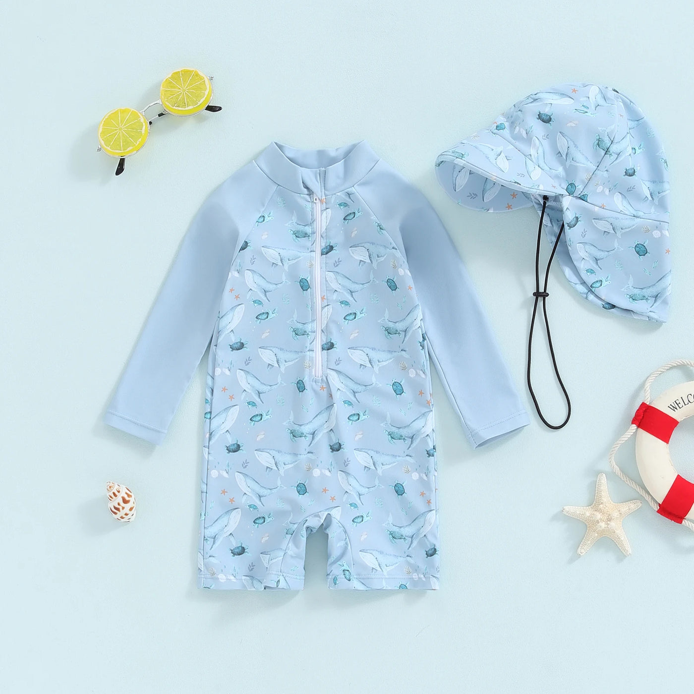 Maillot de bain anti-UV garçon Mybooni — Imprimé baleine avec chapeau 0-5 ans
