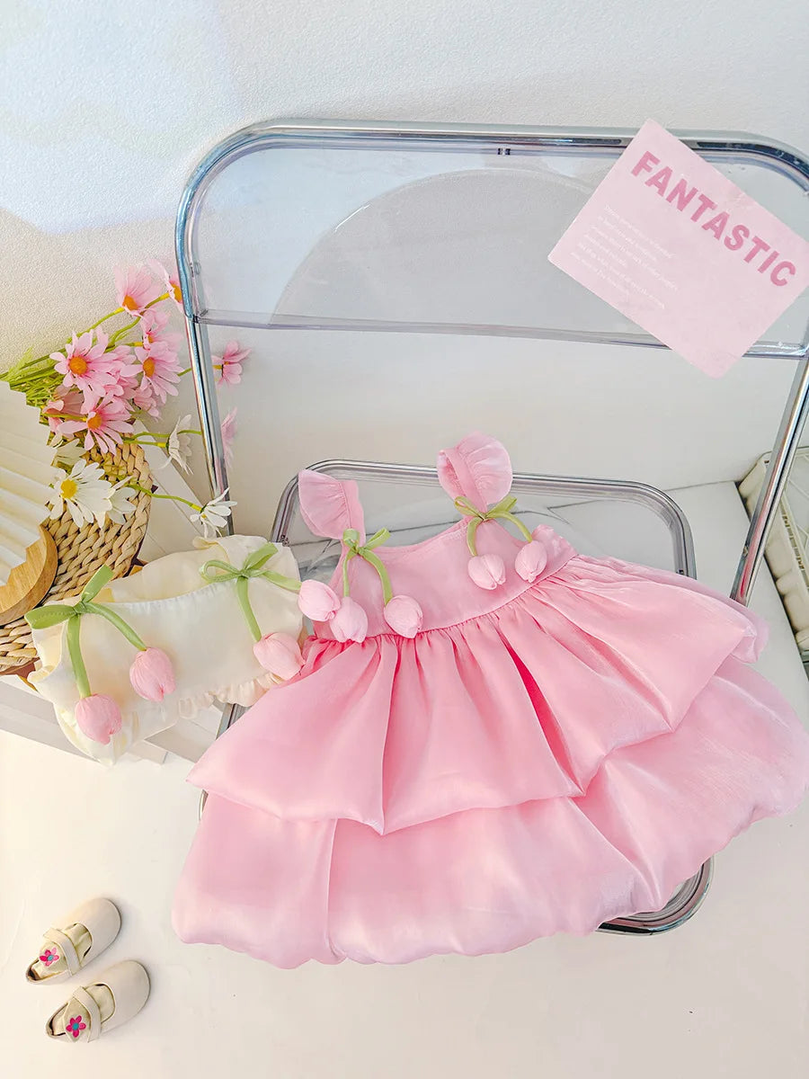 Robe d'anniversaire bébé fille fleur rose - robe gâteau élégante fête 0-2 ans