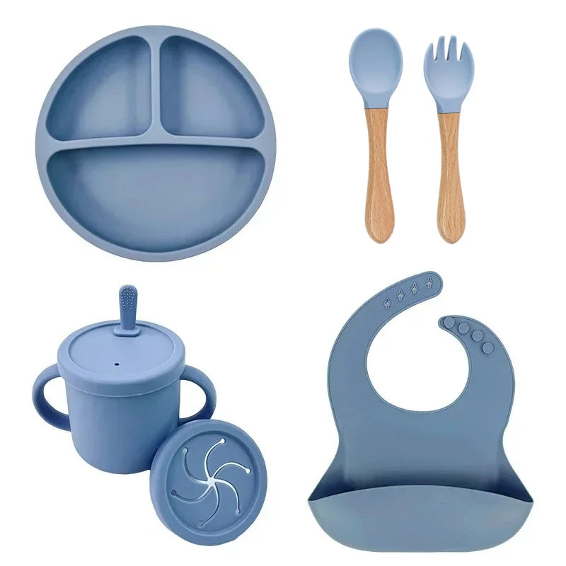 Set repas bébé silicone sans BPA ventouse - bol assiette tasse paille cuillère fourchette enfant