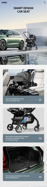 Poussette 3-en-1 portable nacelle bébé siège auto de luxe pliable