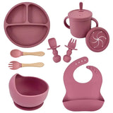 Set repas bébé silicone sans BPA ventouse - bol assiette tasse paille cuillère fourchette enfant