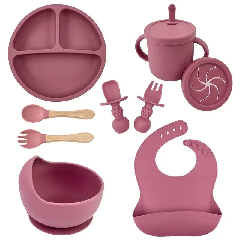 Set vaisselle bébé silicone sans BPA Mybooni — Bol ventouse assiette tasse couverts