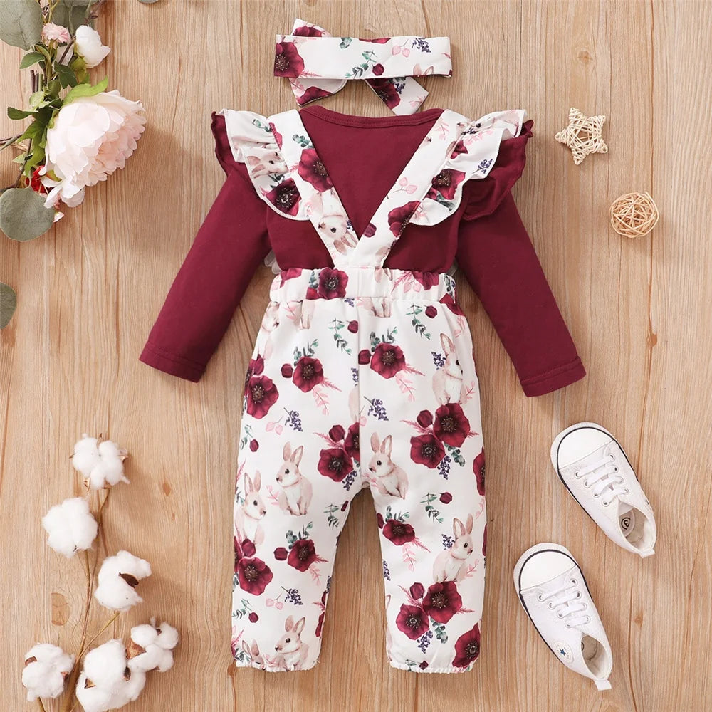 Ensemble 2 pièces bébé fille Bouni | Body rouge manches longues + Pantalon fleurs