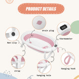 Baignoire bébé 0-18 mois pliable ergonomique - siège bain thermomètre avec support gris bleu rose