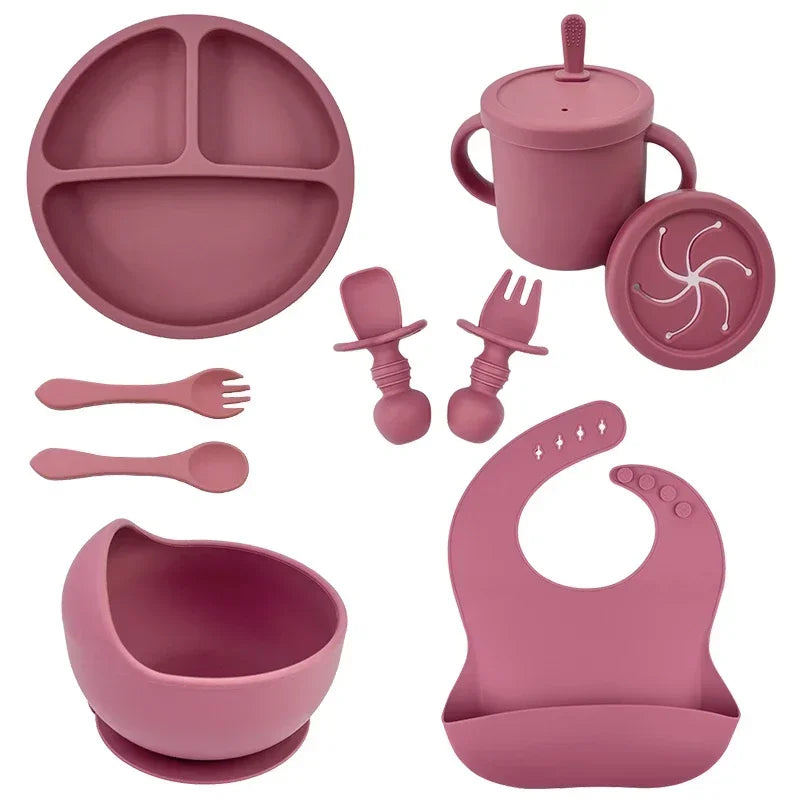 Set repas bébé silicone sans BPA ventouse - bol assiette tasse paille cuillère fourchette enfant