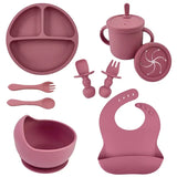 Set repas bébé silicone sans BPA ventouse - bol assiette tasse paille cuillère fourchette enfant