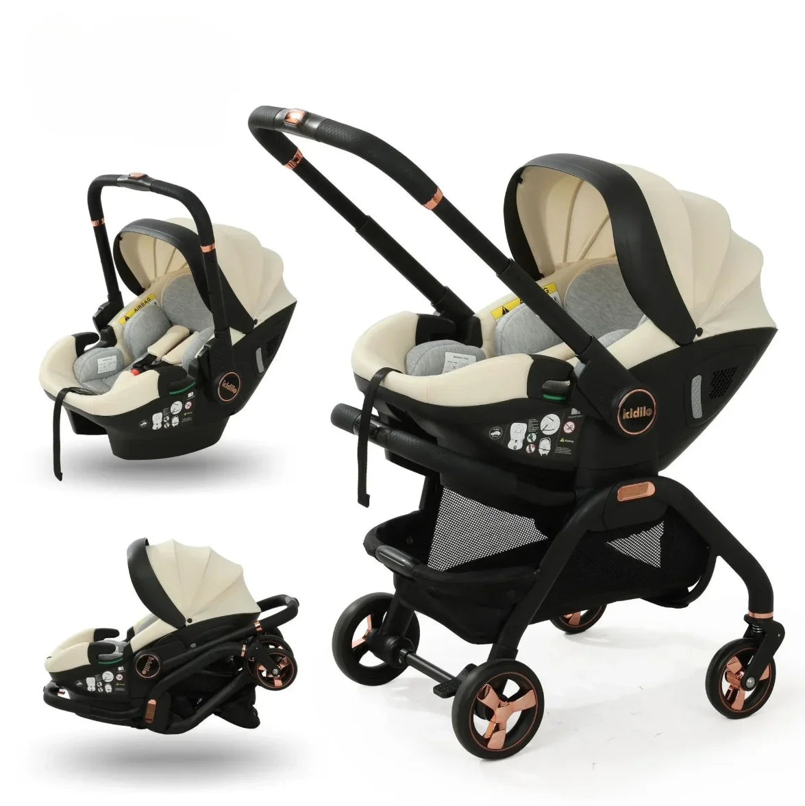 Poussette 3-en-1 portable Bouni — Nacelle nouveau-né siège auto certifié EU
