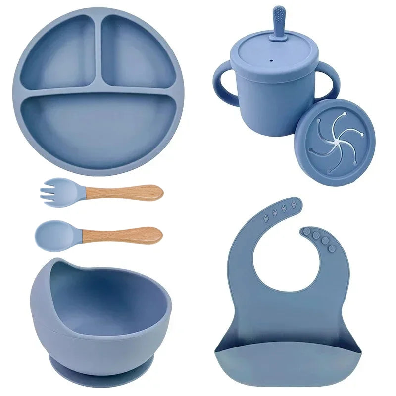 Set repas bébé silicone sans BPA ventouse - bol assiette tasse paille cuillère fourchette enfant