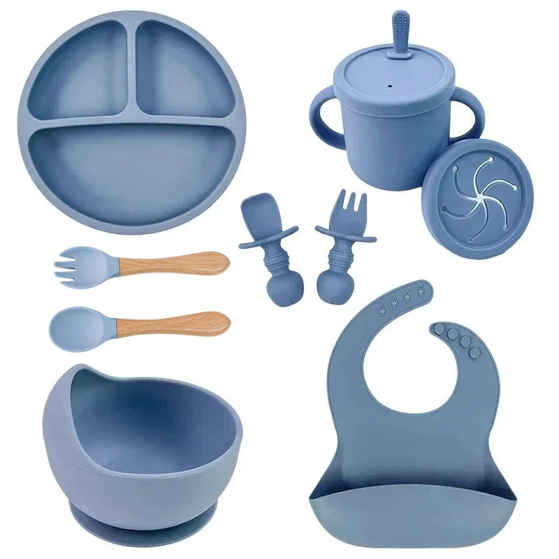 Set repas bébé silicone sans BPA ventouse - bol assiette tasse paille cuillère fourchette enfant