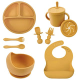 Set repas bébé silicone sans BPA ventouse - bol assiette tasse paille cuillère fourchette enfant