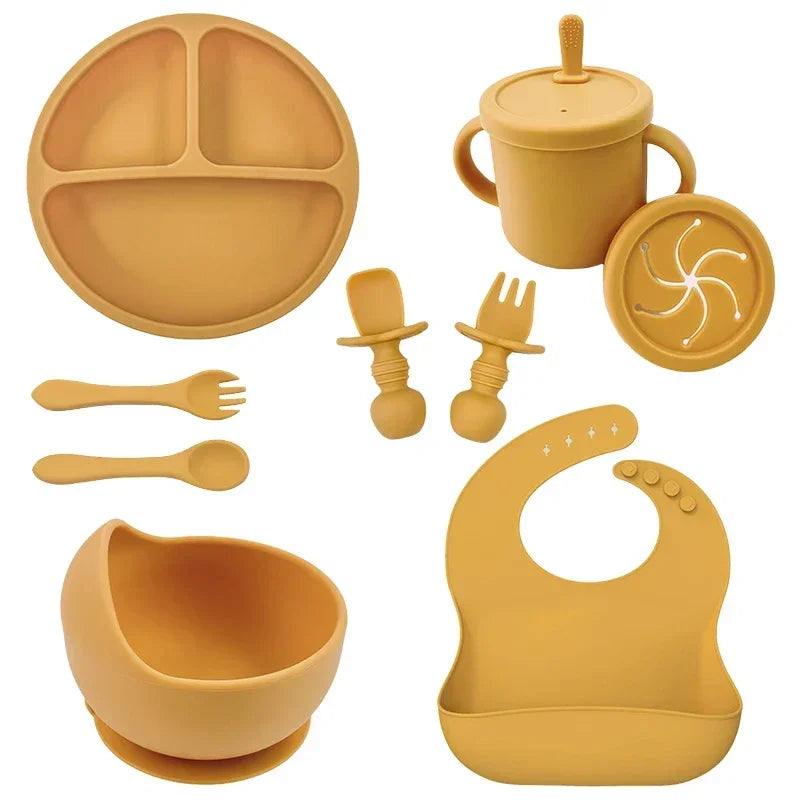 Set vaisselle bébé silicone sans BPA Mybooni — Bol ventouse assiette tasse couverts