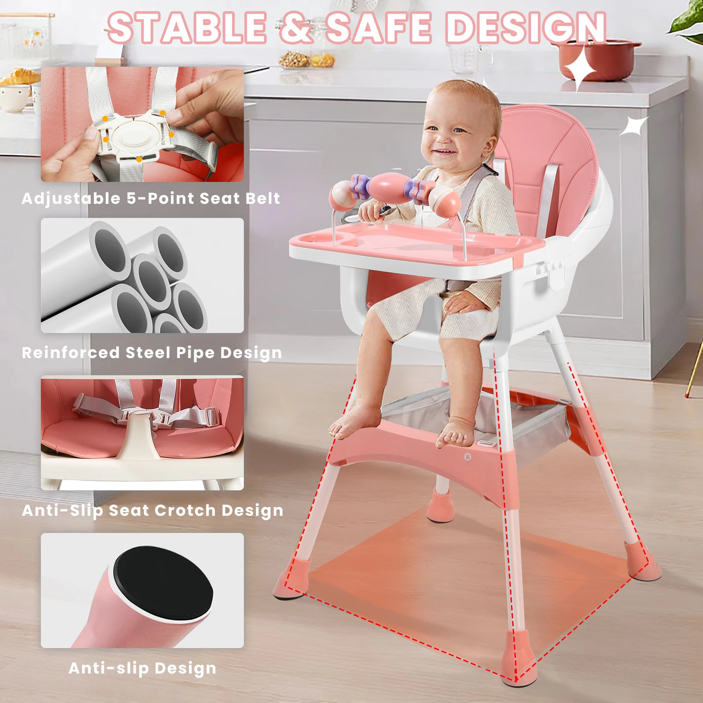 Chaise haute bébé convertible portable double plateau et barre jouets
