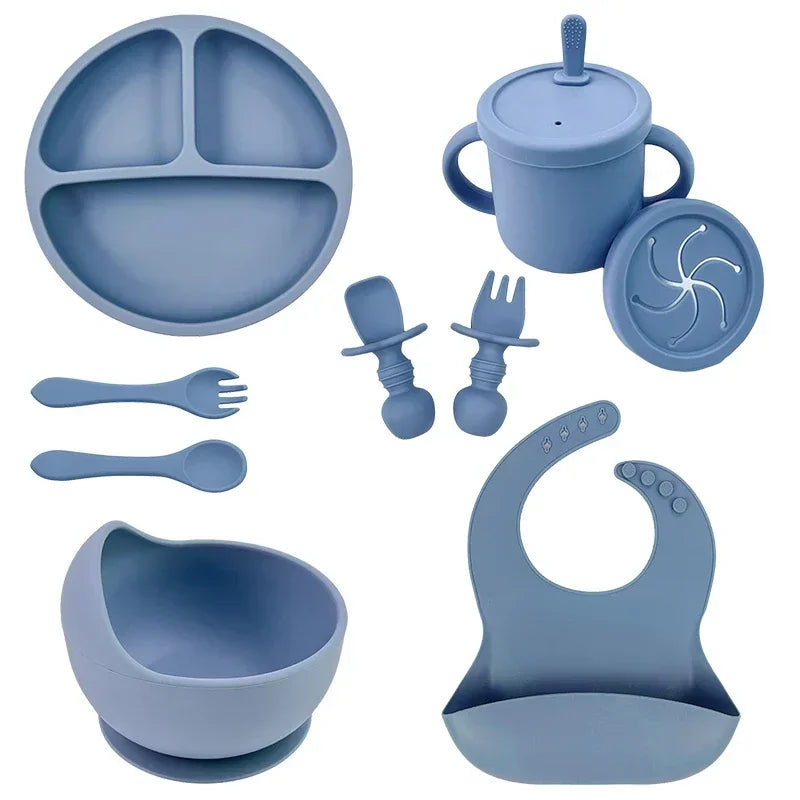 Set repas bébé silicone sans BPA ventouse - bol assiette tasse paille cuillère fourchette enfant