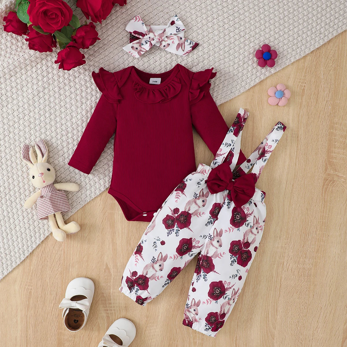 Ensemble 2 pièces bébé fille Bouni | Body rouge manches longues + Pantalon fleurs