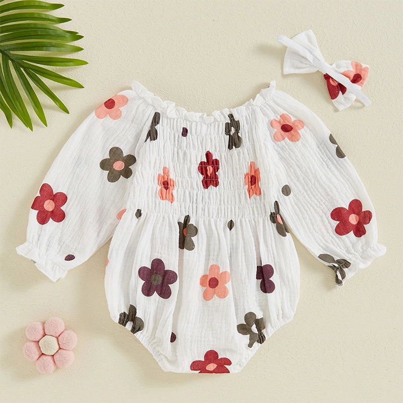 Ensemble bébé fille body fleuri Mybooni — Manches longues et bandeau nœud