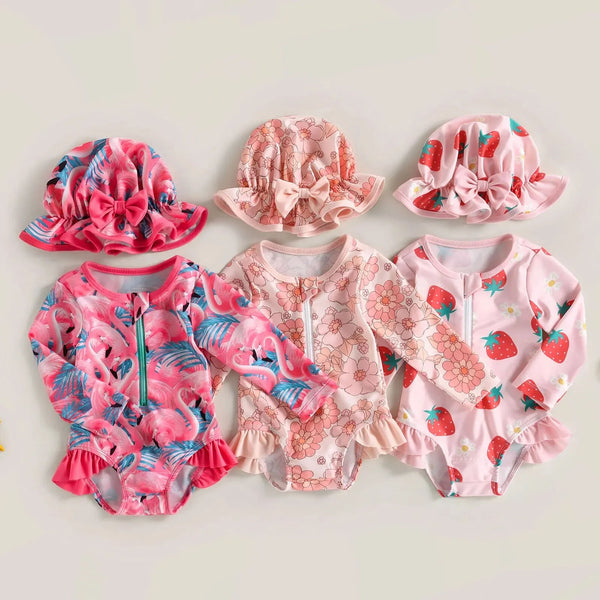 Combinaison de bain bébé fille flamant rose avec bandeau — Bouni