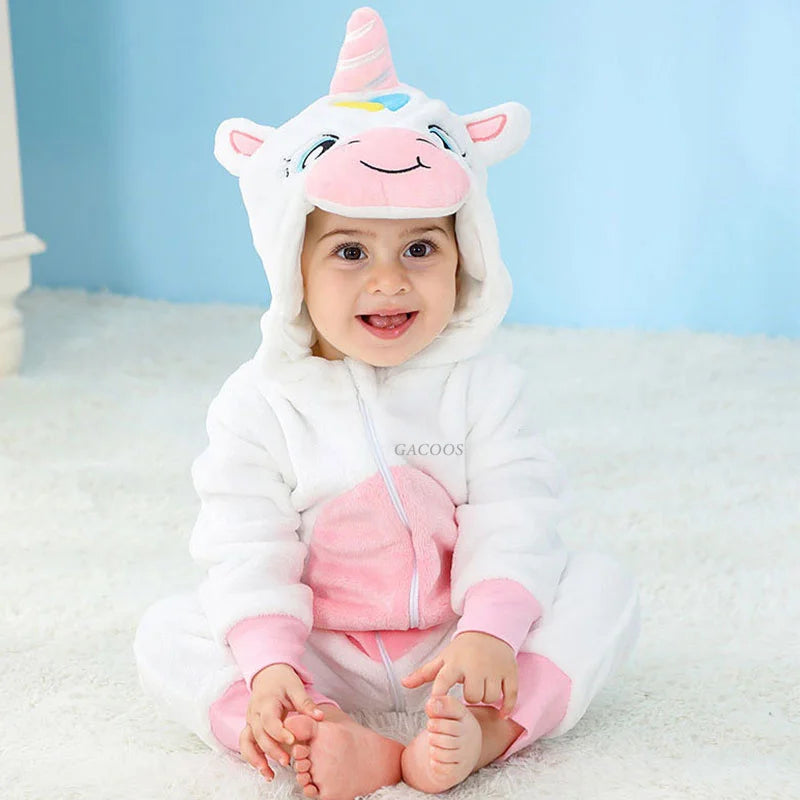 Combinaison pyjama bébé flanelle cartoon - grenouillère licorne/lapin/dinosaure animal