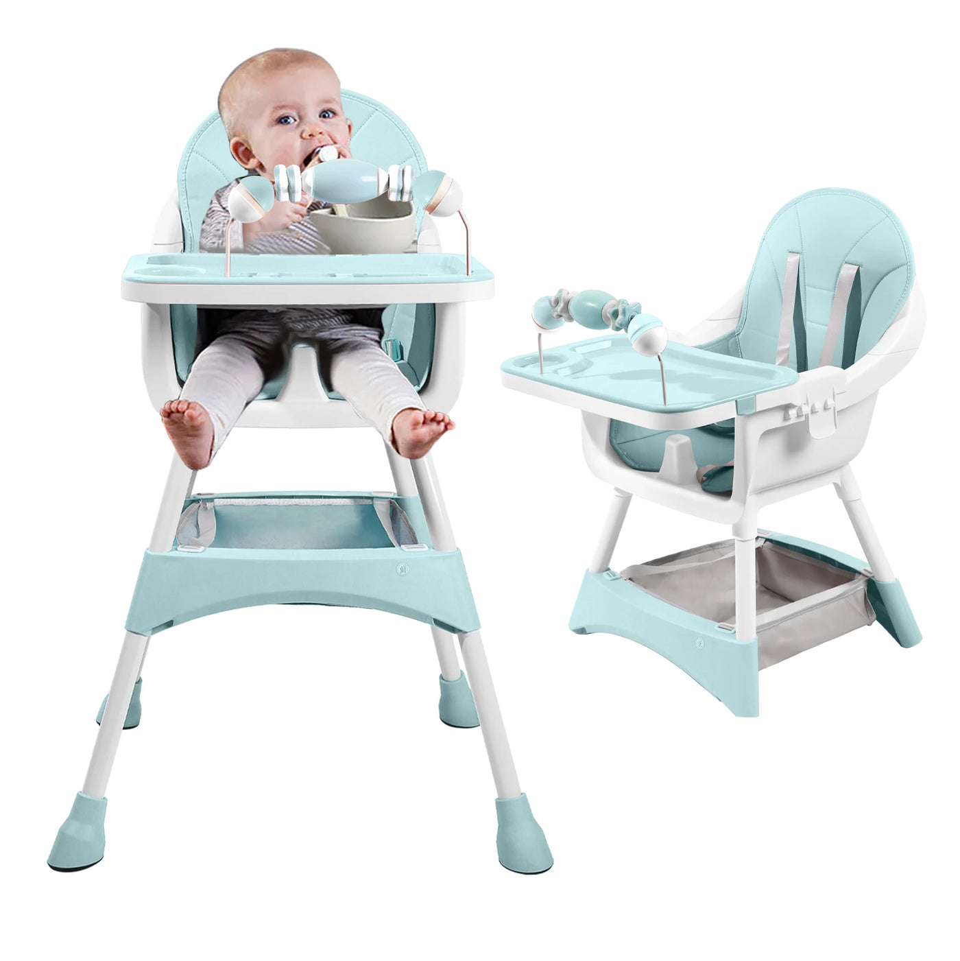 Chaise haute bébé convertible portable double plateau et barre jouets