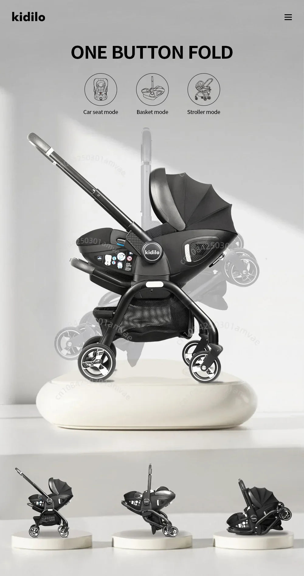 Poussette 3-en-1 portable nacelle bébé siège auto de luxe pliable