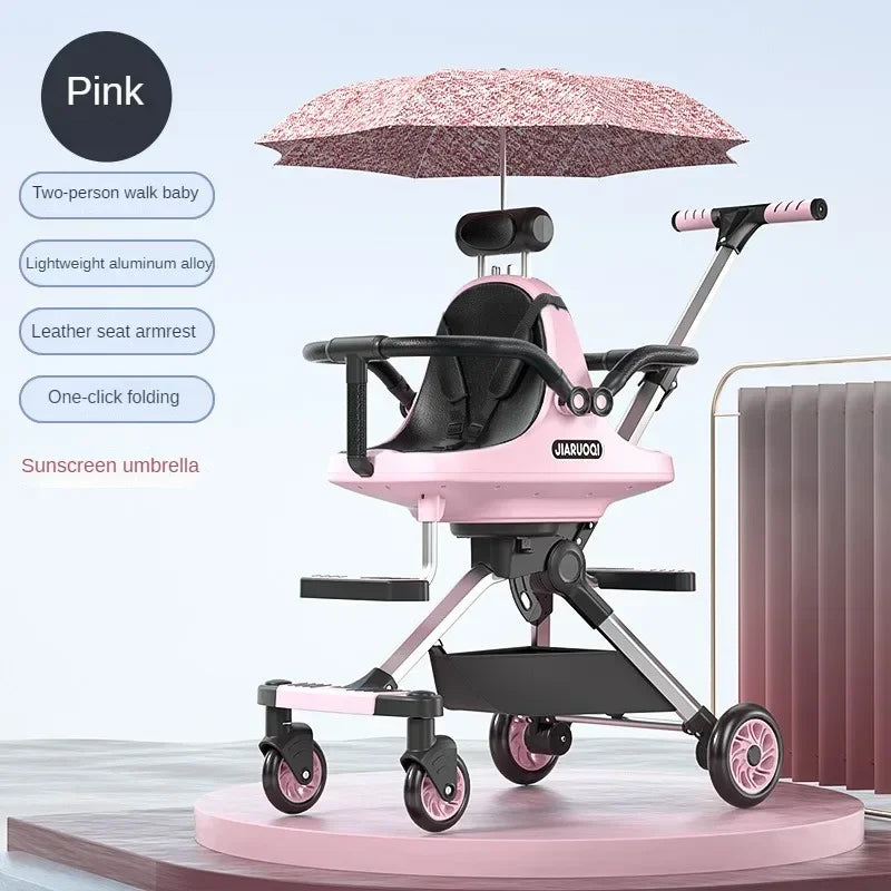 Poussette jumelle légère haute vue avec parasol pliable 4 roues