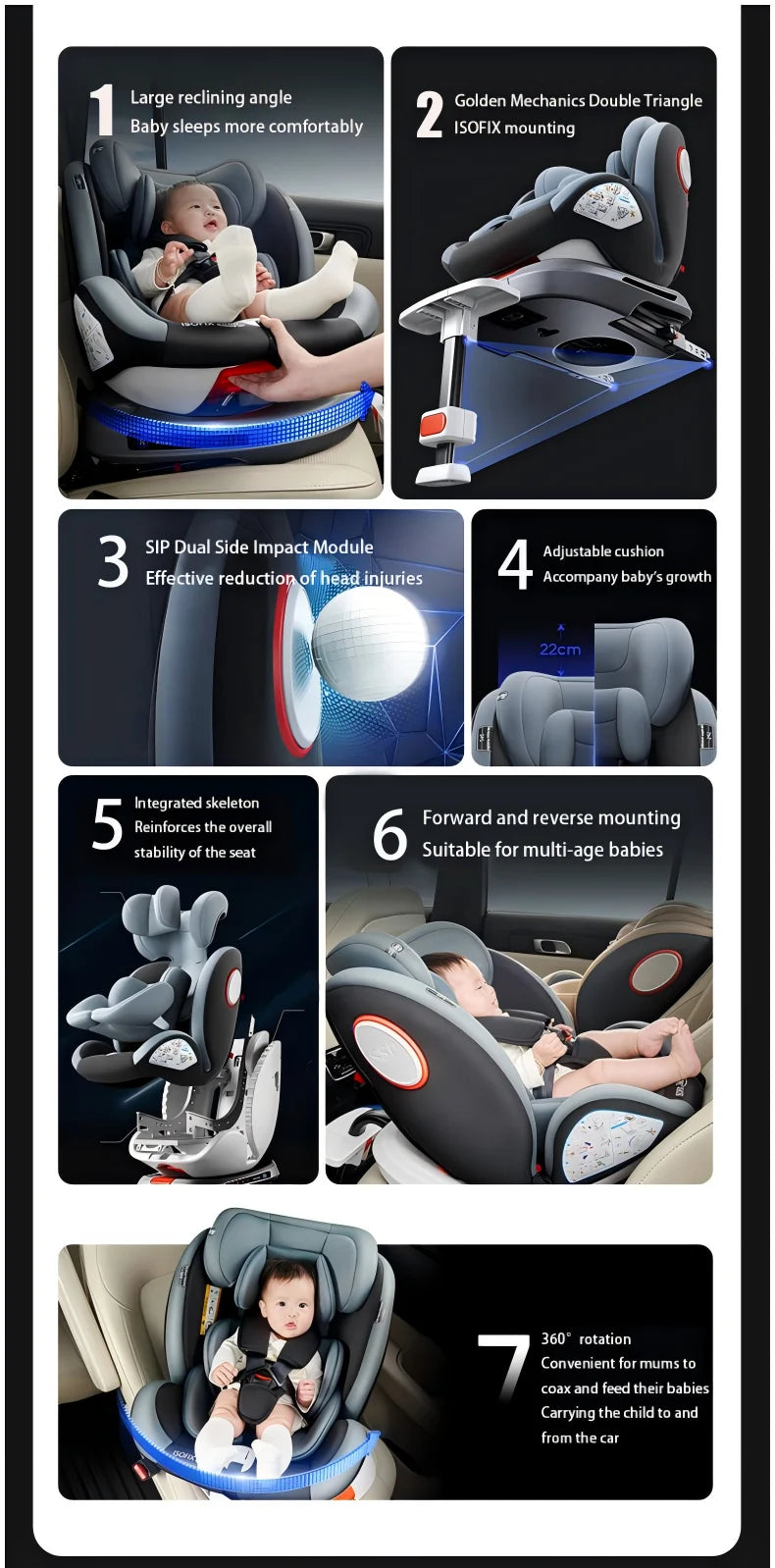 Siège auto 360° ISOFIX réglable 0-12 ans avec repose-pieds - pivotant