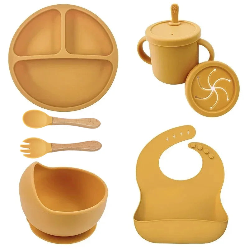 Set vaisselle bébé silicone sans BPA Mybooni — Bol ventouse assiette tasse couverts