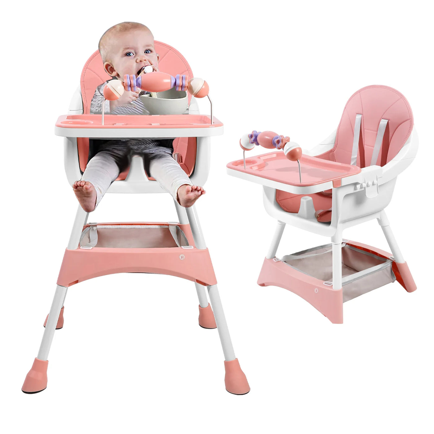 Chaise haute bébé convertible portable double plateau et barre jouets