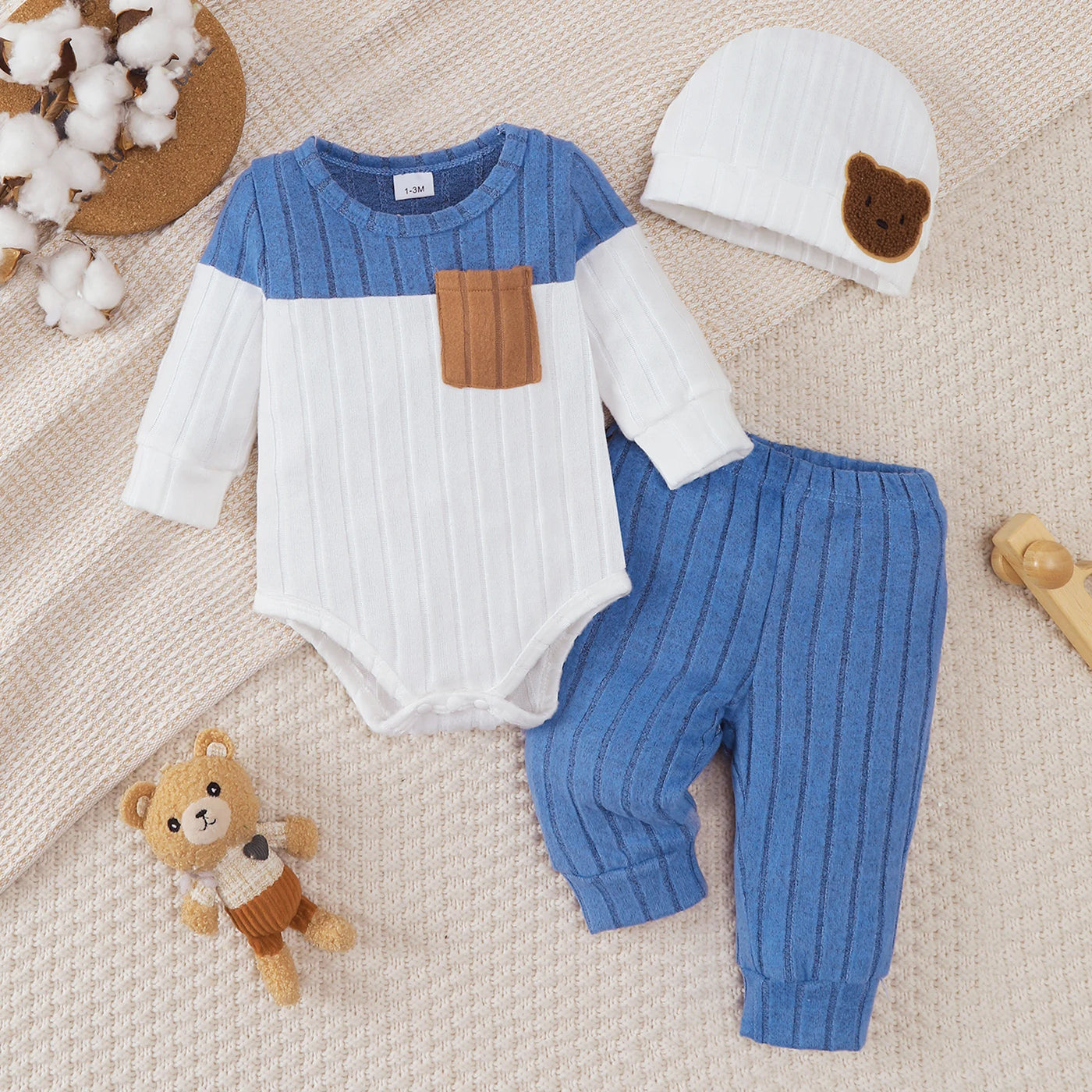 Ensemble 3 pièces bébé garçon rayé Bouni — Haut + Pantalon + Bonnet 0-18M