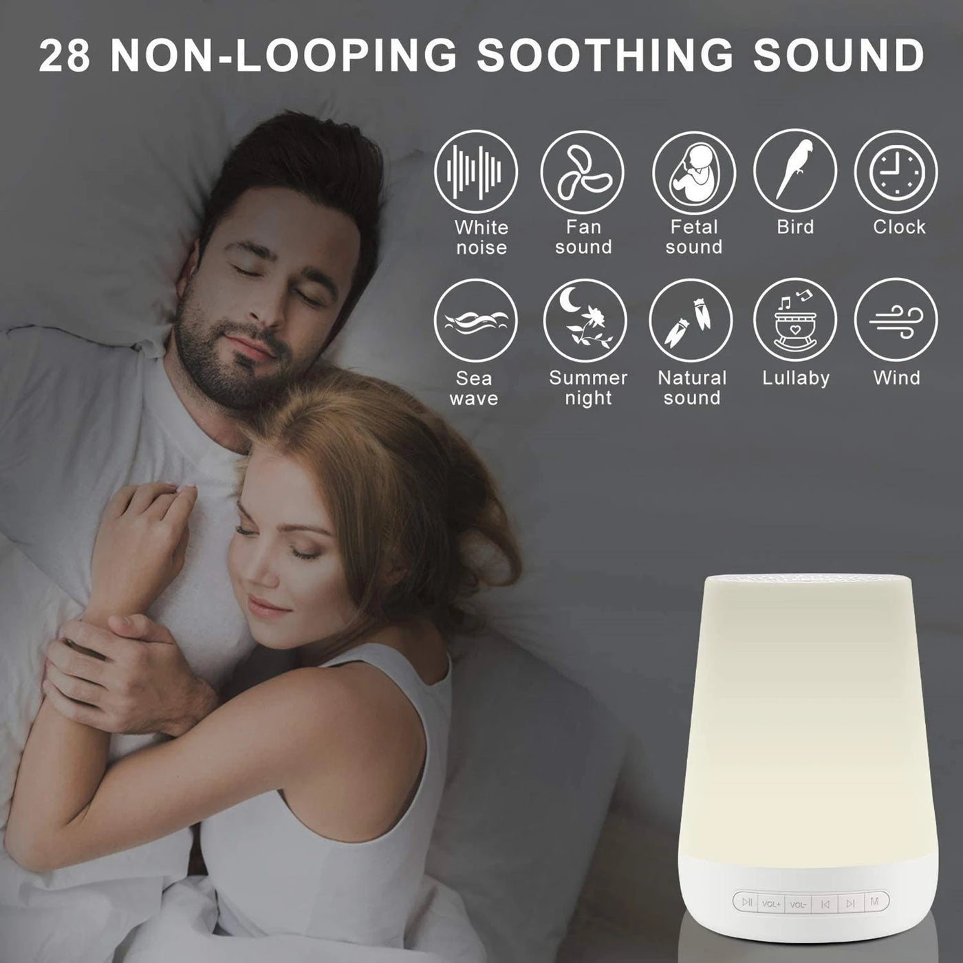 Machine à bruit blanc 28 sons Mybooni — Veilleuse colorée prise casque 3,5 mm