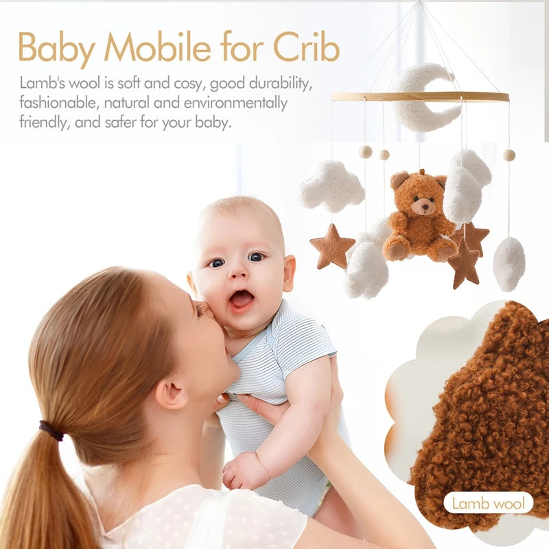 Mobile lit bébé bois feutrine ours cartoon - carillon musical avec support berceau