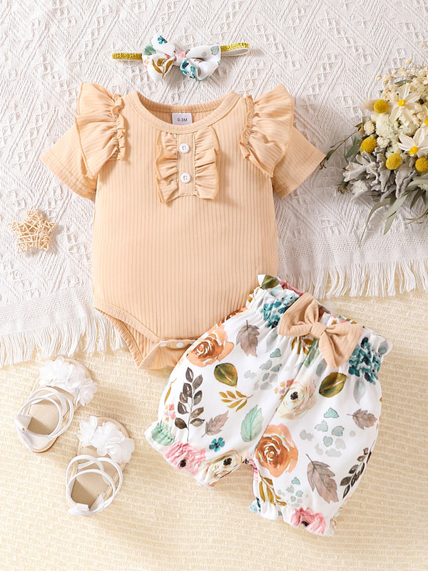 Ensemble 3 pièces bébé fille à volants Bouni — Haut + Short + Bandeau été