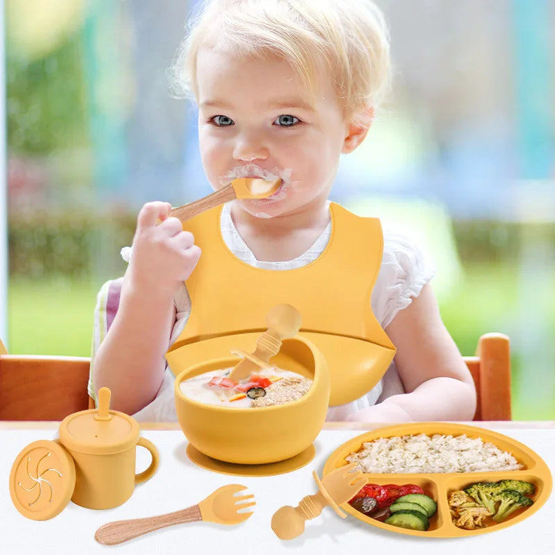 Set vaisselle bébé silicone sans BPA Mybooni — Bol ventouse assiette tasse couverts