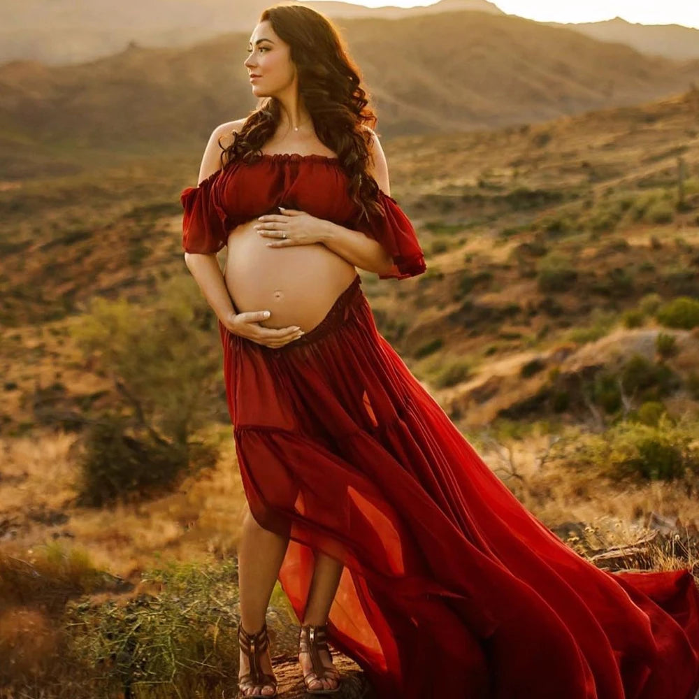 Robe maternité mousseline Mybooni — Épaules dénudées pour photographie grossesse