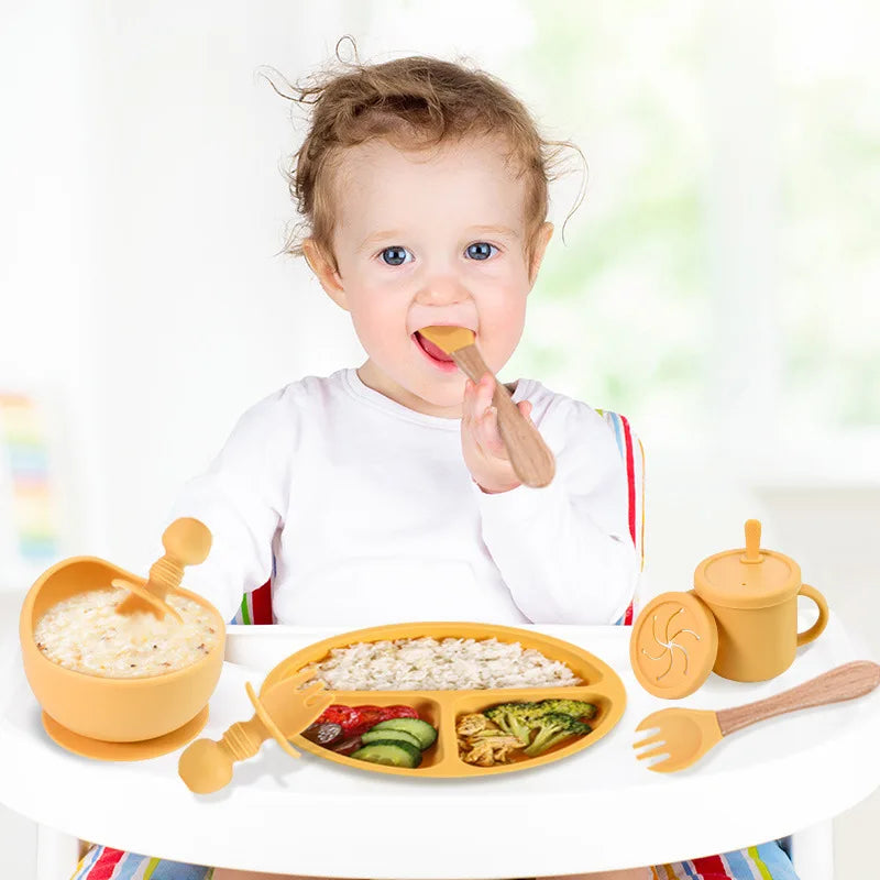 Set repas bébé silicone sans BPA ventouse - bol assiette tasse paille cuillère fourchette enfant